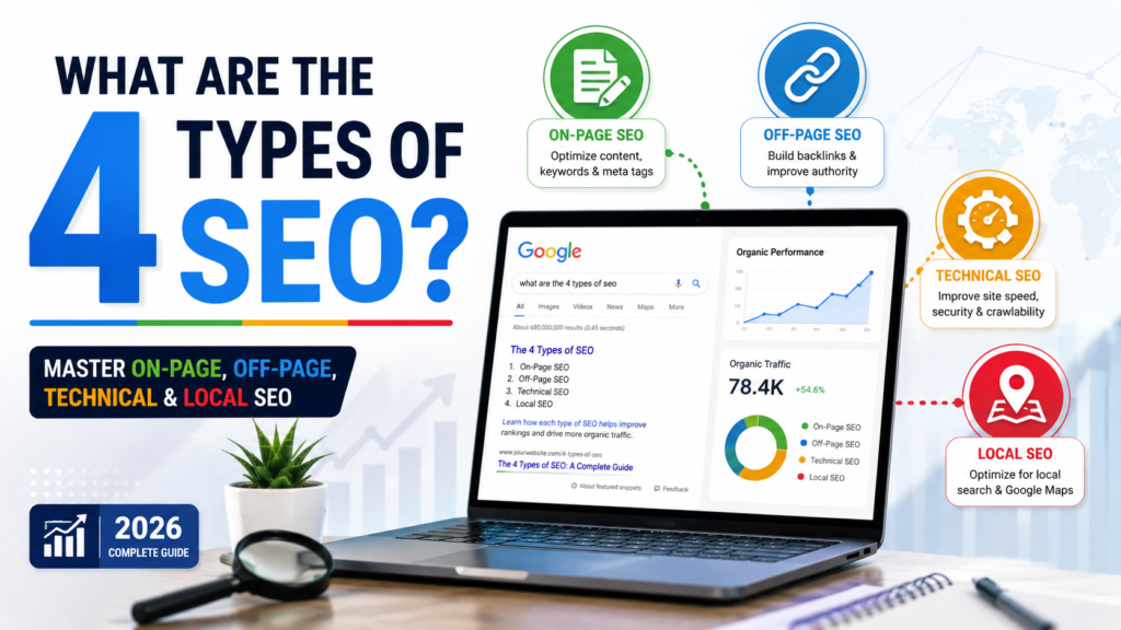 What are the 4 types of SEO infographic showing On-Page SEO, Off-Page SEO, Technical SEO, and Local SEO with a laptop displaying Google search results.