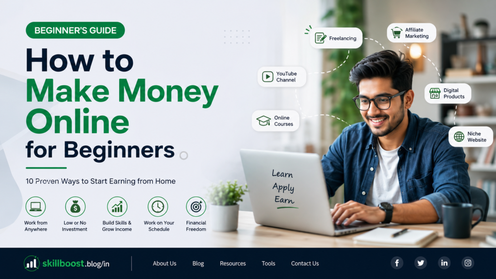 How to Make Money Online for Beginners — 10 proven ways to start earning online through freelancing, affiliate marketing, YouTube, digital products, online courses, and niche websites.