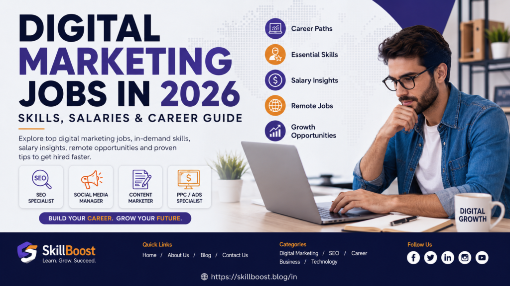 Digital marketing jobs in 2026 with SEO, social media, content marketing, PPC, career paths, skills, salaries, and remote job opportunities