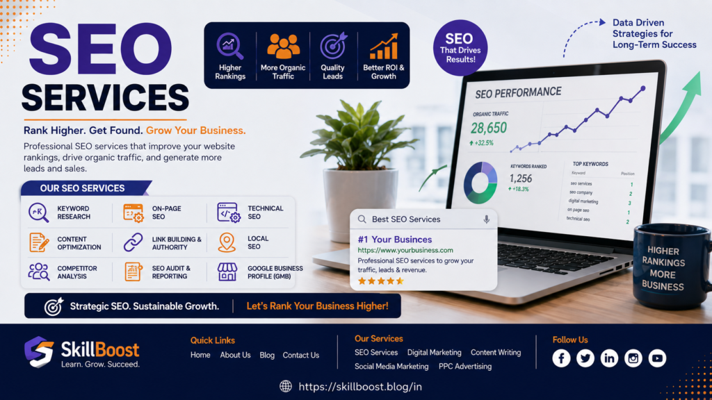 SEO services for higher Google rankings, organic traffic, quality leads, technical SEO, local SEO, content optimization, and business growth