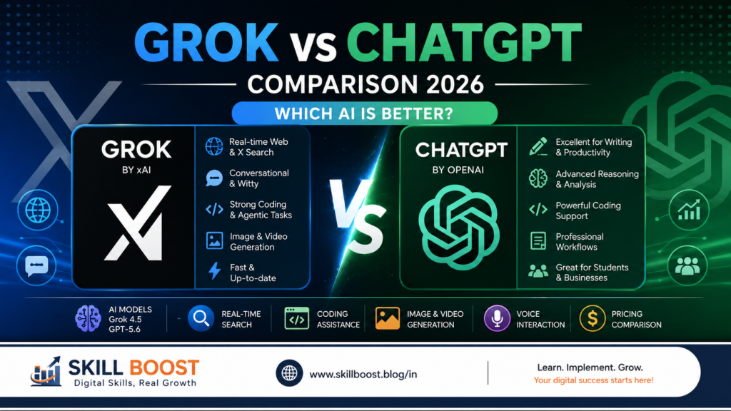 Grok vs ChatGPT comparison 2026 showing AI features, coding, real-time search, writing, reasoning, and productivity