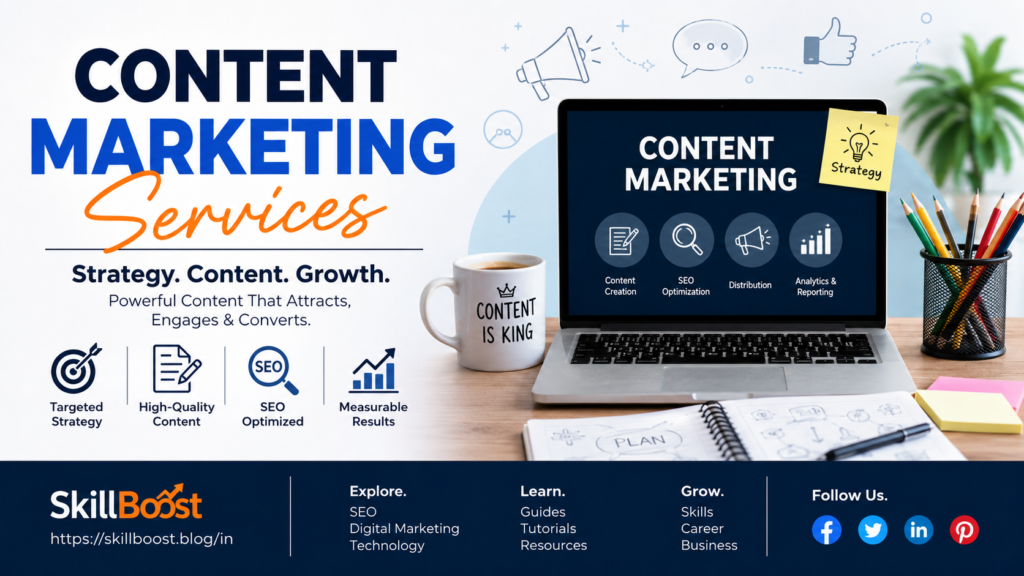 Content marketing services banner showing SEO content strategy, content creation, distribution, analytics, and business growth