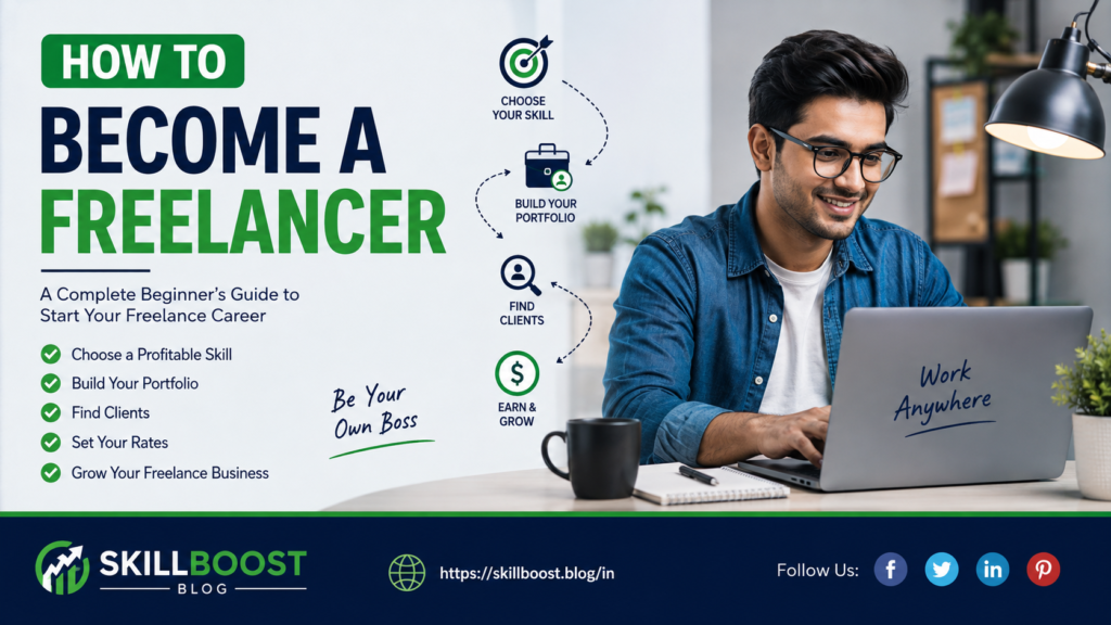 How to Become a Freelancer – beginner’s guide showing steps to choose a freelance skill, build a portfolio, find clients, earn money, and work from anywhere.