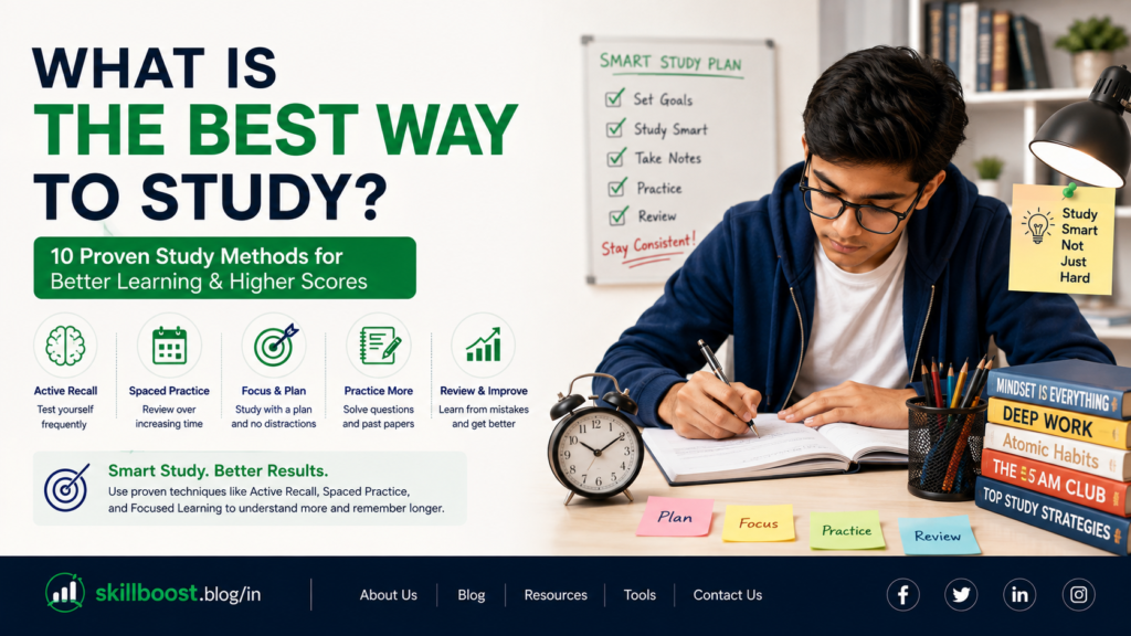 What Is the Best Way to Study? A student using effective study methods including active recall, spaced practice, focused learning, practice questions, and review for better learning and higher scores.