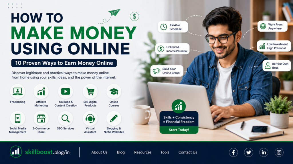 How to Make Money Using Online — a beginner-friendly guide showing 10 ways to earn money online, including freelancing, affiliate marketing, YouTube, digital products, online courses, social media management, e-commerce, SEO services, virtual assistance, and blogging, with SkillBoost branding in the footer.