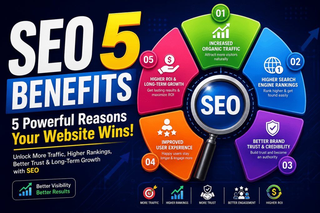 SEO 5 benefits infographic showing how search engine optimization increases organic traffic, improves search rankings, builds brand trust, enhances user experience, and delivers long-term ROI.