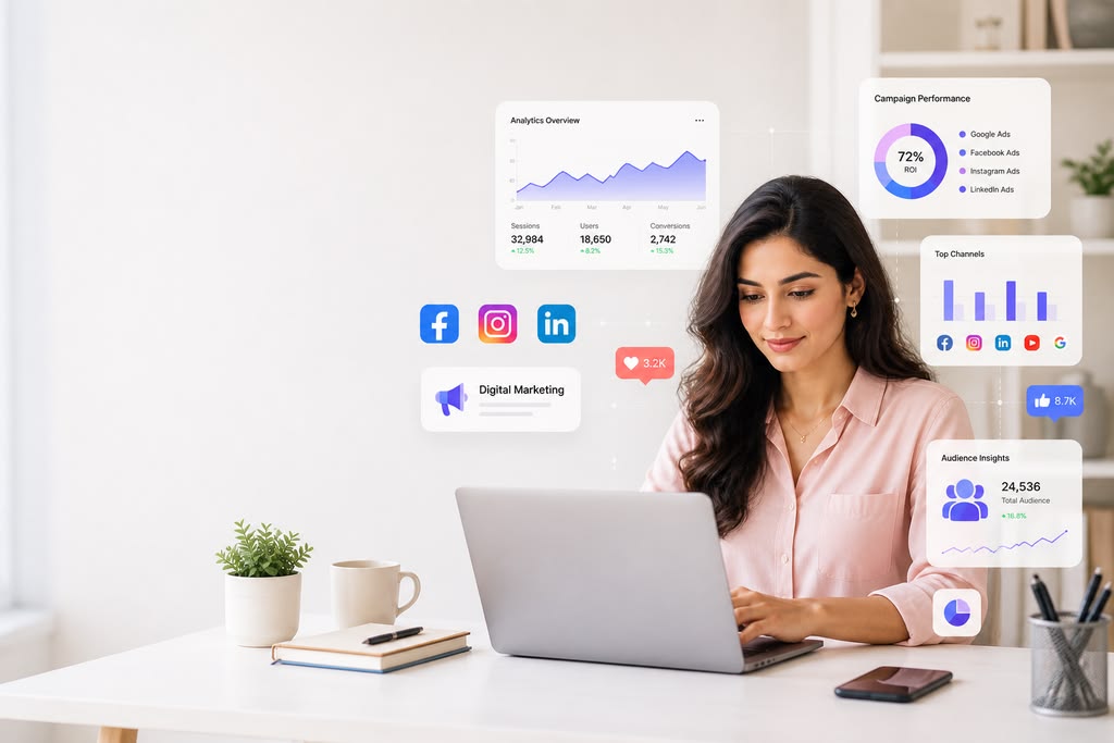Person learning digital skills and working online from a laptop